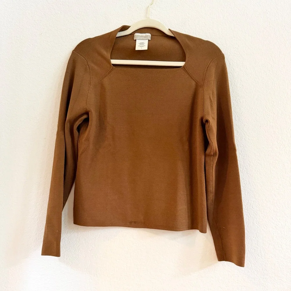 Coldwater Creek Womens Small Brown‎ Silk Blend Square Neck Long Sleeve Sweater